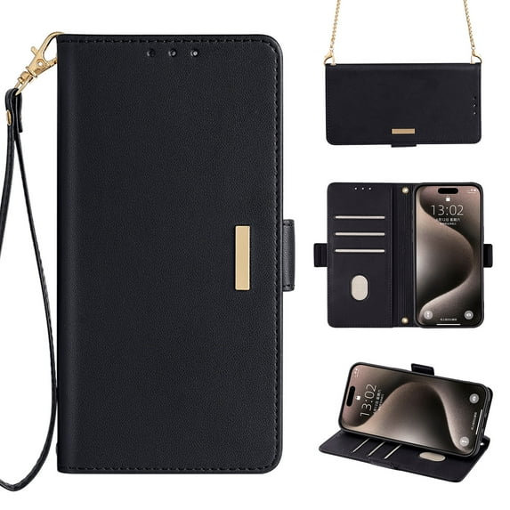 for Samsung Galaxy S23 Ultra Wallet Flip Case, Elegant Wrist Strap and Shoulder Chain Credit Card Slots Cash Slot RFID Blocking PU Leather Kickstand Case Cover for Samsung Galaxy S23 Ultra, Black
