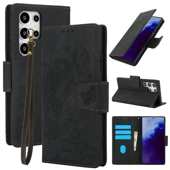 for Samsung Galaxy S23 Ultra Wallet case with RFID Blocking Credit Card Holder,Flip PU Leather Emboss Butterfly Flower Shockproof Anti-fall Protective Cover Women Men Phone case,Black