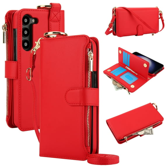 for Samsung Galaxy S23 Wallet Case with Card Holder - PU Leather Case Detachable Crossbody Strap & Wristband & Secure Ring, Shockproof Protective RFID Blocking Zipper Purse Phone Cover, Red