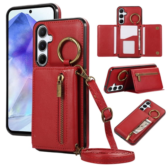for Samsung Galaxy S23 Wallet Case with Card Holders for Women Girls, Crossbody Strap Zipper PU Leather Case with Finger Ring Protective Kickstand Designed for Samsung Galaxy S23, Red