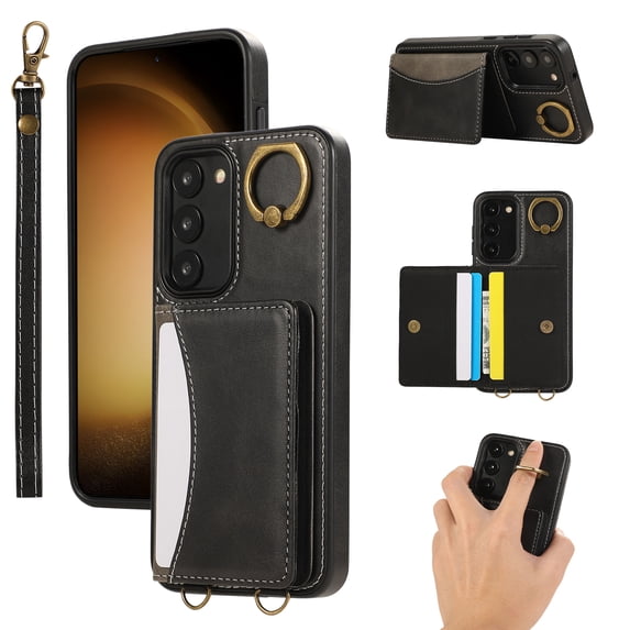 for Samsung Galaxy S23 Wallet Case with Card Slots, Hand Wrist Strap Rotate Ring Design, Finger Grip Ring PU Leather Magnetic Button Shockproof Purse Phone Cover for Galaxy S23, Black