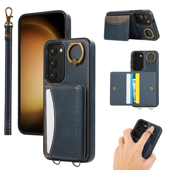 for Samsung Galaxy S23 Wallet Case with Card Slots, Hand Wrist Strap Rotate Ring Design, Finger Grip Ring PU Leather Magnetic Button Shockproof Purse Phone Cover for Galaxy S23, Blue