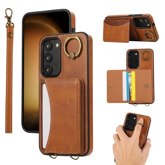 for Samsung Galaxy S23 Wallet Case with Card Slots, Hand Wrist Strap Rotate Ring Design, Finger Grip Ring PU Leather Magnetic Button Shockproof Purse Phone Cover for Galaxy S23, Brown