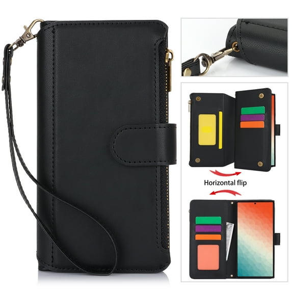 for Samsung Galaxy S23 Wallet Case with Card Slots, Premium PU Leather Case for Women & Men, RFID Blocking Zipper Pocket Crossbody Wrist Strap Lanyard Shockproof Protective Phone Cover, Black