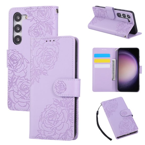 for Samsung Galaxy S23 Wallet Case with Credit Card Holder, Flower Pattern Flip PU Leather Stand Shockproof Protective Phone Cover for Samsung Galaxy S23 Magnetic Clasp Purse Case, Purple