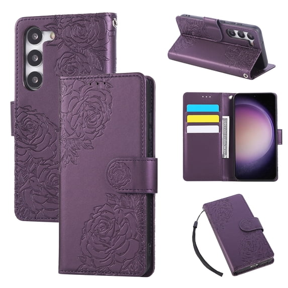 for Samsung Galaxy S23 Wallet Case with Credit Card Holder, Flower Pattern Flip PU Leather Stand Shockproof Protective Phone Cover for Samsung Galaxy S23 Magnetic Clasp Purse Case, Darkpurple