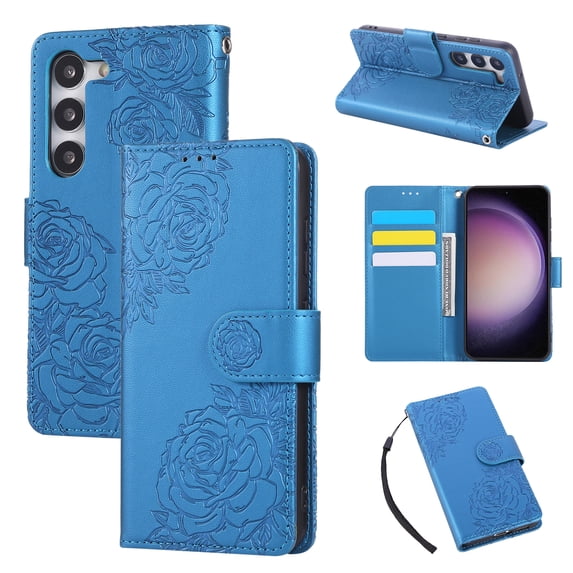 for Samsung Galaxy S23 Wallet Case with Credit Card Holder, Flower Pattern Flip PU Leather Stand Shockproof Protective Phone Cover for Samsung Galaxy S23 Magnetic Clasp Purse Case, Blue
