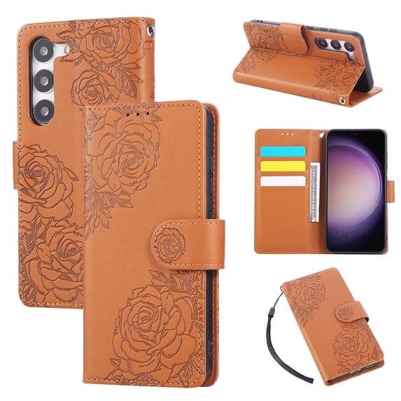 for Samsung Galaxy S23 Wallet Case with Credit Card Holder, Flower Pattern Flip PU Leather Stand Shockproof Protective Phone Cover for Samsung Galaxy S23 Magnetic Clasp Purse Case, Brown