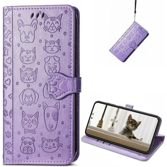 for Samsung Galaxy S23 Wallet Case, Cute Cat Dog Cartoon Style with Card Slots Holder PU Leather Flip Phone Cover Case for Samsung Galaxy S23 MG Purple