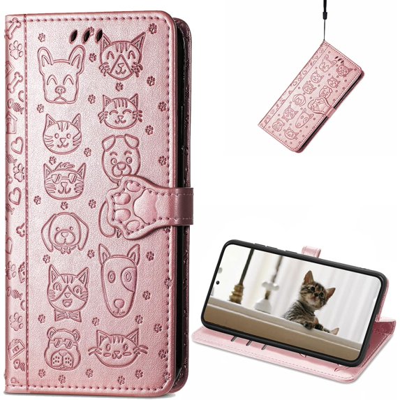 for Samsung Galaxy S23 Wallet Case, Cute Cat Dog Cartoon Style with Card Slots Holder PU Leather Flip Phone Cover Case for Samsung Galaxy S23 MG Rose Gold