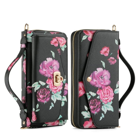 for Samsung Galaxy S23 Wallet Case - Magnetic Detachable Back Case with RFID Blocking Card Holder, Hand Strap & Crossbody Strap, Floral Flower PU Leather Flip Cover Case for Women Girls, Black