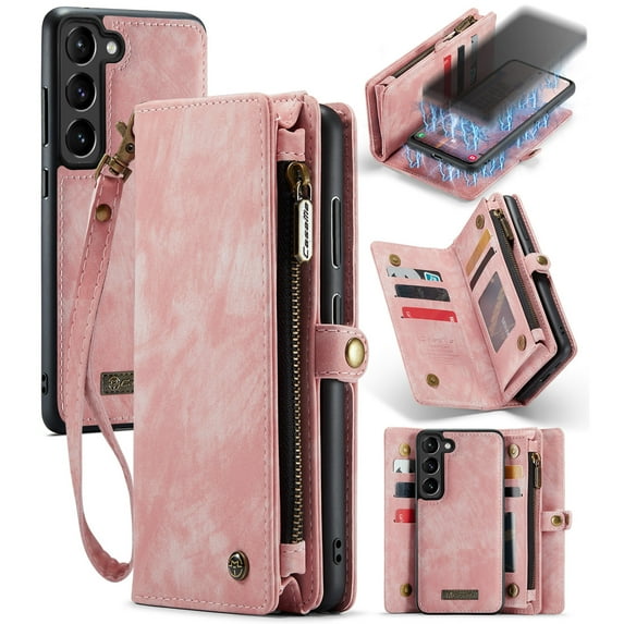 For Samsung Galaxy S23 Wallet Case,Multi-Functional Retro Leather Purse Flip Cover Zipper Wallet Case with Removable Card Slots Pocket & Detachable Wrist Strap Magnetic Phone Case, Pink
