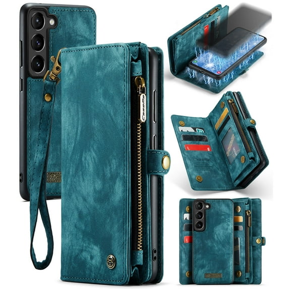 For Samsung Galaxy S23 Wallet Case,Multi-Functional Retro Leather Purse Flip Cover Zipper Wallet Case with Removable Card Slots Pocket & Detachable Wrist Strap Magnetic Phone Case, Green