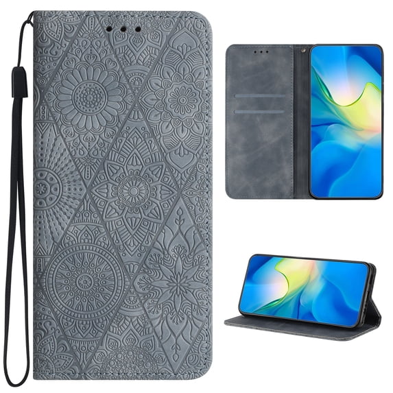 for Samsung Galaxy S23 Wallet Case, PU Leather Protective Case Embossed Folio Magnetic Card Slots Holder Kickstand with Wrist Strap Shockproof Slim Flip Case for Samsung Galaxy S23, Gray