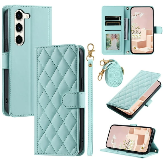 for Samsung Galaxy S23 Wallet Case, Premium PU Leather Magnetic Flip Folio Case with Wrist Strap Credit Card Holder for Women Men Crossbody Strap Case Cover for Samsung Galaxy S23, Mint