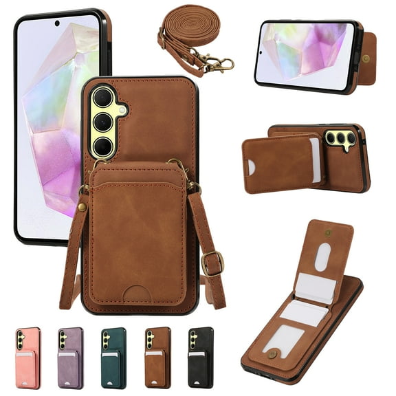 for Samsung Galaxy S23 Wallet Case with Shoulder Lanyard Strap, Crossbody Phone Case with Card Holder Slots for Women Girls, Luxury PU Leather Flip Stand Purse Cover Shockproof Case, Brown