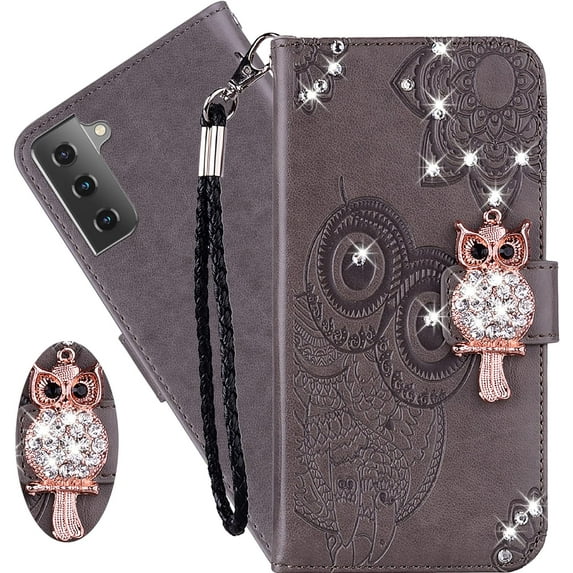 for Samsung Galaxy S23 Wallet Case for Women, Glitter Bling Diamond PU Leather Folio Cover with Card Slot Wrist Strap Built-in Kickstand Protective Case for Samsung Galaxy S23 Owl Grey