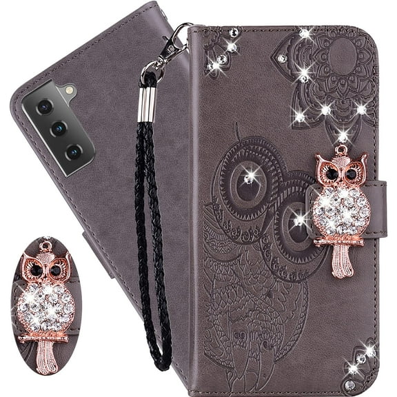 for Samsung Galaxy S23 Wallet Case for Women, Glitter Bling Diamond PU Leather Folio Cover with Card Slot Wrist Strap Built-in Kickstand Protective Case for Samsung Galaxy S23 Owl Grey