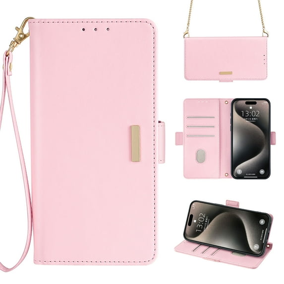 for Samsung Galaxy S23 Wallet Flip Case, Elegant Wrist Strap and Shoulder Chain Credit Card Slots Cash Slot RFID Blocking PU Leather Kickstand Case Cover for Samsung Galaxy S23, Pink