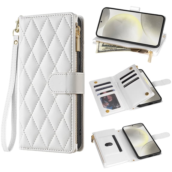 for Samsung Galaxy S23 Wallet case with Card Holder,Phone case RFID Blocking PU Leather Flip Shockproof Cover with Hand Strap Zipper Credit Card Holder Slots for Women Men,White