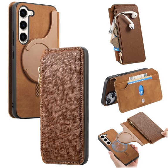 for Samsung Galaxy S23 Zipper Wallet Case, 2-in-1 Magnetic Wallet Case Phone Cover, Card Slots Holder PU Leather Case TPU Bumper Shockproof Anti-Drop Cover for Galaxy S23, Brown