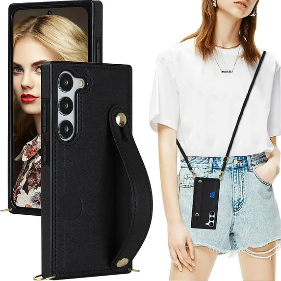 Samsung Galaxy S23 with Card Slot Holder, Removable Adjustable Shoulder Strap Lanyard Crossbody Neck Purse Phone Case for Samsung Galaxy S23 KB Black