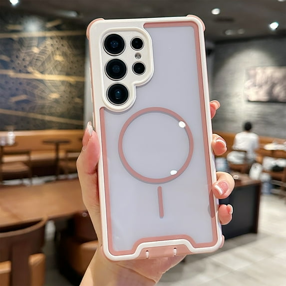 For Samsung Galaxy S24 2-in-1 Rugged Phone Case,Compatible with Mag-safe,Heavy Duty Shockproof Anti-fall Anti-Scratch Protective,Transparent Back Design,Durable Phone Case For Men Women,Rosegold