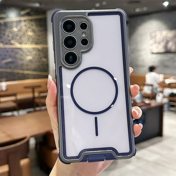 For Samsung Galaxy S24+ 2-in-1 Rugged Phone Case,Compatible with Mag-safe,Heavy Duty Shockproof Anti-fall Anti-Scratch Protective,Transparent Back Design,Durable Phone Case For Men Women,Darkblue