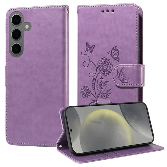 For Samsung Galaxy S24+ 5G 6.7 inch Embossed Butterfly Flowers With Card Slots And A Cash Compartment Shockproof Kickstand Flip Leather Phone Case For Women,Purple,For Galaxy S24+ 5G