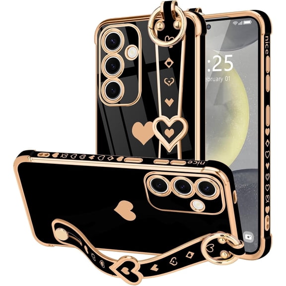 Samsung Galaxy S24 5G Case with Cute Love-Heart Plating Strap, Bling Silicone Camera Protection, Shockproof Bumper Case for Women & Girls (6.2")