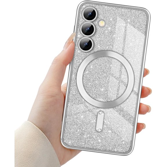 for Samsung Galaxy S24 5G Magnetic Case, Luxury Sparkle Glitter Case Cover Soft TPU Full Camera Lens Protection Bling Case Anti-Scratch Shockproof Phone Case for Samsung Galaxy S24-Silver