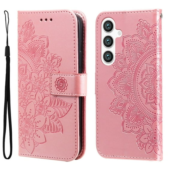 For Samsung Galaxy S24 6.2" Seven Petal Flower Embossed Strong Magnetic Attachment/Closure, Card Slots/Pocket, PU Leather Flip Wallet Case With Hanging Rope,Pink,For Galaxy S24 (5G)
