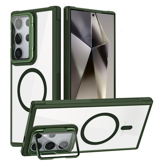 for Samsung Galaxy S24 Acrylic Hard Stand Case, Full Body Camera Lens Protector Clear Cover Compatible with MagSafe, Shockproof Protection Magnetic Phone Case for Samsung Galaxy S24, Green