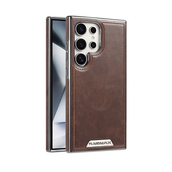 for Samsung Galaxy S24 Back Case, PU Leather + Silver Plating PC Frame, Stylish Lightweight Ultra Slim Shockproof Protective Magnetic Phone Case Cover for Samsung Galaxy S24 - Coffee