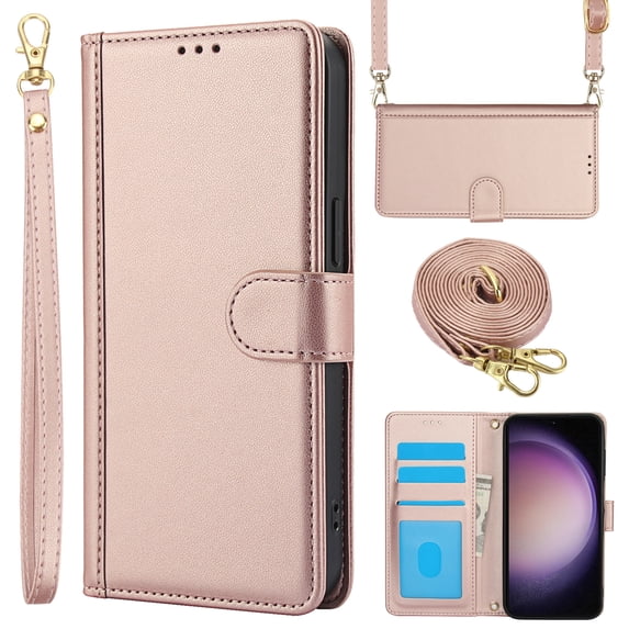 for Samsung Galaxy S24 Case with Card Slots and Shoulder Strap, Crossbody Lanyard Purse Cover Flip Stand Premium PU Leather Folio Phone Wallet Case for Galaxy S24 Women Girls, Rosegold