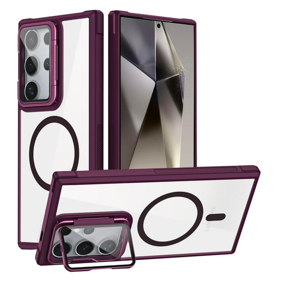 for Samsung Galaxy S24 Case Compatible with MagSafe, Phone Case with Built-in Camera Stash Stand Shockproof & Scratch-Resistant Back Cover Kickstand for Samsung Galaxy S24, Winered