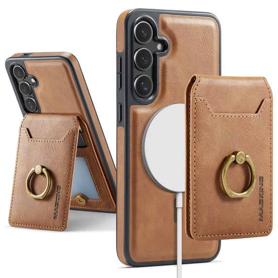For Samsung Galaxy S24+ Case with Credit Card Holder,Ring Holder,Phone PU Leather Case Wallet for Women Men Magnetic Detachable 2-in-1 Wallet Card,Shockproof Rugged Phone Case,Brown