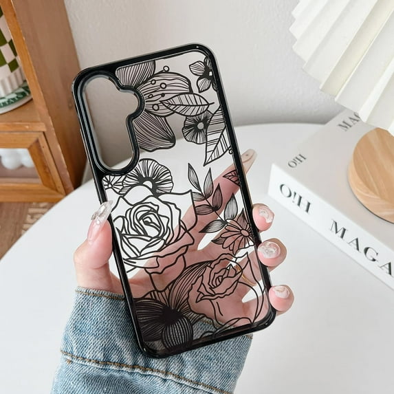 for Samsung Galaxy S24 Case, Cute Phone Case Floral Rose Aesthetic Flower Clear Case for Women Girls Slim Pattern Anti-Yellow Shockproof Protective TPU Bumper Case, Black