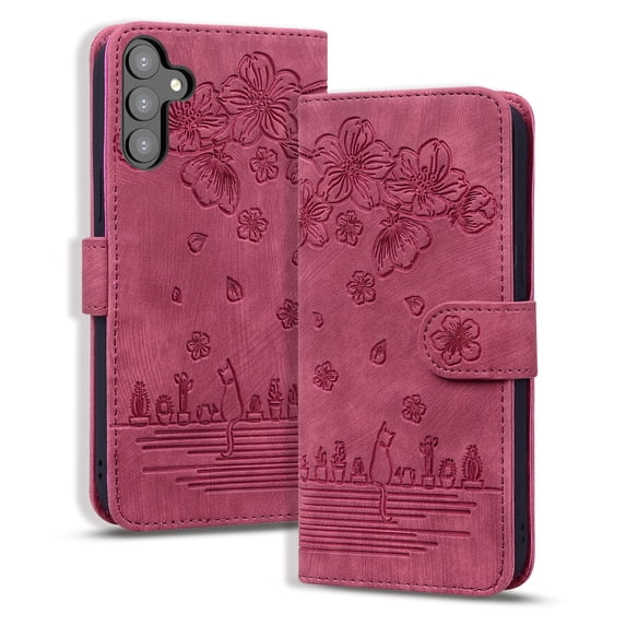 for Samsung Galaxy S24 Case, Flower Embossed PU Leather Shockproof Magnetic Flip Cover Card Holders Wallet Purse Phone Case for Samsung Galaxy S24, Red