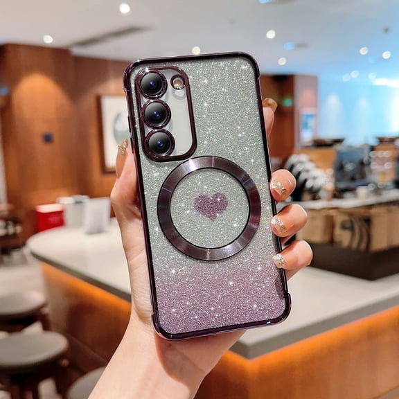 for Samsung Galaxy S24 Case Glitter, Clear Magnetic Case with Luxury Love Heart Pattern [Compatible with MagSafe] Bling Sparkle Plating Soft TPU Slim Shockproof Cover Women Girls, Darkpurple