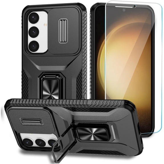for Samsung Galaxy S24 Case & Kickstand & Slide Camera Cover,[Not for S24 Plus or S24 Ultra] [ Military-Grade ] Protective Phone for Galaxy S24 (Y_Black)
