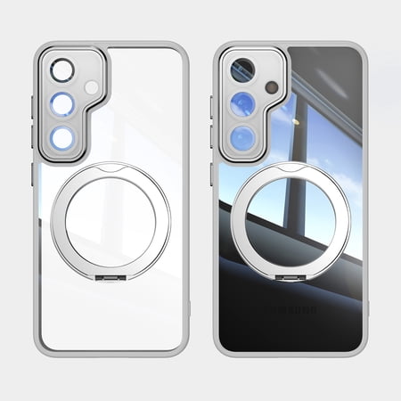 for Samsung Galaxy S24 Case with Magnetic Rotating Ring Stand, Crystal Clear Design Drop Protection Non-Yellowing Shockproof Tempered Glass Back Cover for Samsung Galaxy S24, Gray