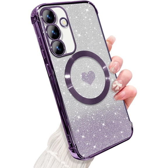 for Samsung Galaxy S24 Case Magnetic,Soft Cute Luxury Gradient Heart Plating Bling Glitter Clear Phone Case Compatible with MagSafe Shockproof Protective Cover for Women Girl 6.1”-Purple