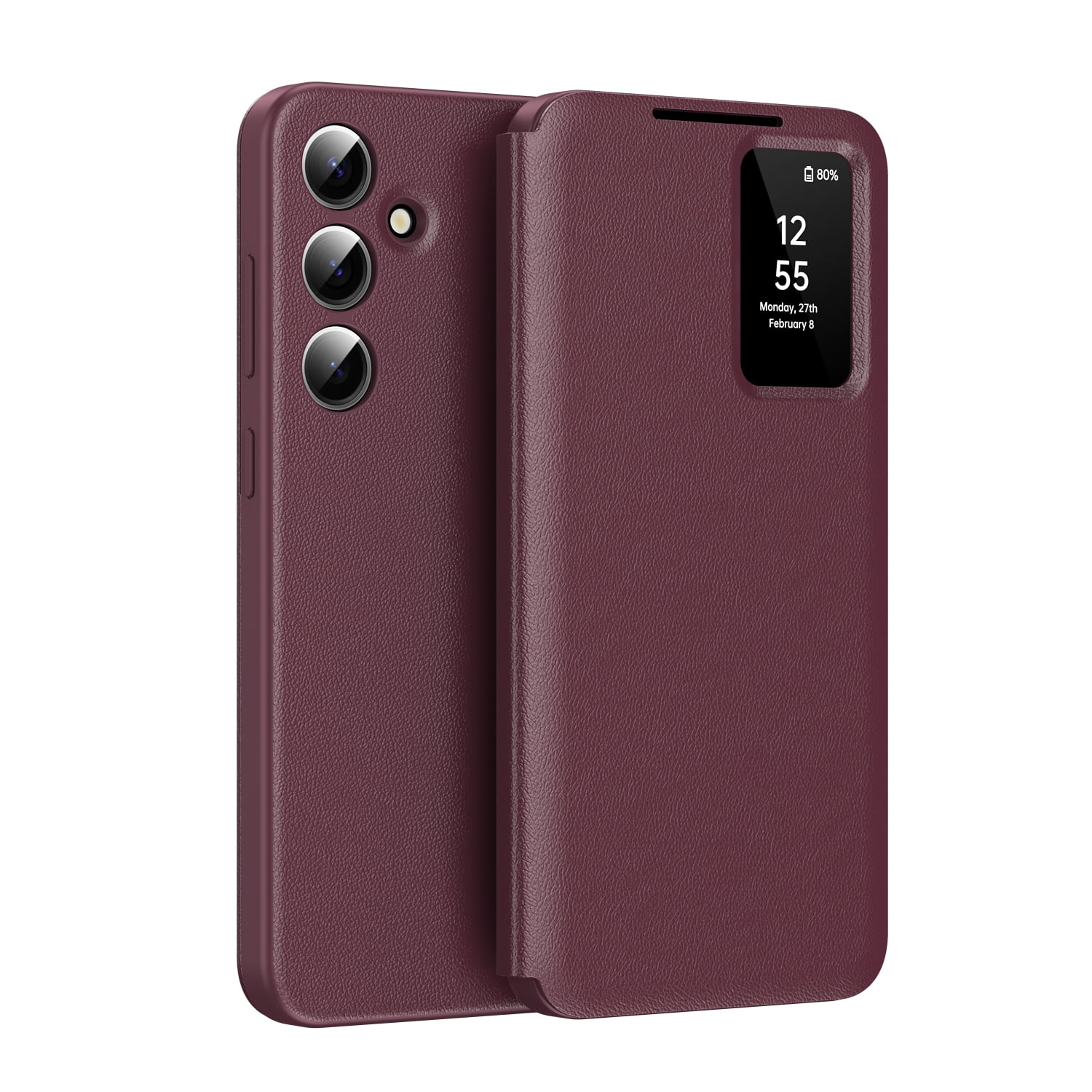 For Samsung Galaxy S24 Case PU Leather Flip Case,With Intelligent Window,With Card Holder,Anti-fall Rugged Shockproof Protective Phone Case Cover for Samsung Galaxy S24,Red