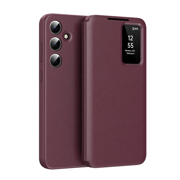 For Samsung Galaxy S24+ Case PU Leather Flip Case,With Intelligent Window,With Card Holder,Anti-fall Rugged Shockproof Protective Phone Case Cover for Samsung Galaxy S24+,Red