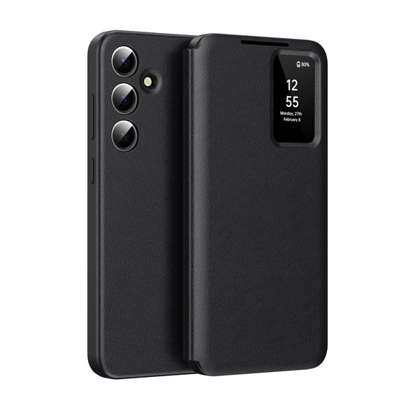 For Samsung Galaxy S24 Case PU Leather Flip Case,With Intelligent Window,With Card Holder,Anti-fall Rugged Shockproof Protective Phone Case Cover for Samsung Galaxy S24,Black