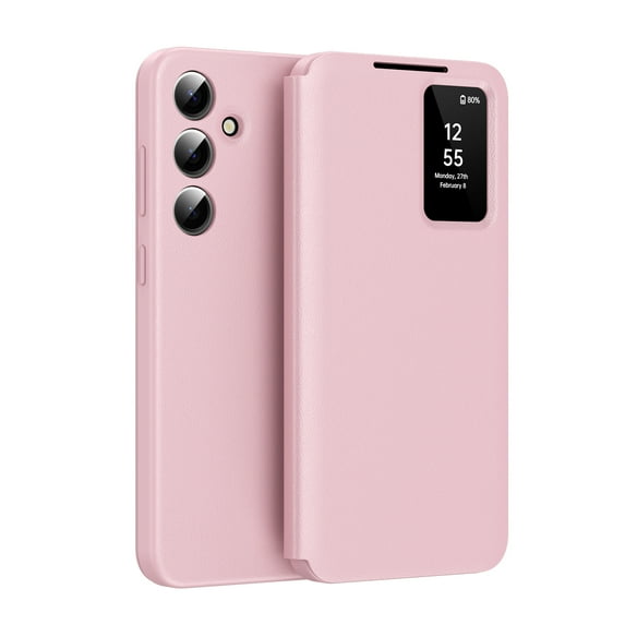 For Samsung Galaxy S24 Case PU Leather Flip Case,With Intelligent Window,With Card Holder,Anti-fall Rugged Shockproof Protective Phone Case Cover for Samsung Galaxy S24,Pink