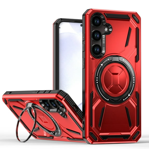 for Samsung Galaxy S24 Case Protective Cover with Built-in Ring Kickstand, Heavy Duty Military Grade Drop Protection Shock-Proof Grip Dual-Layer Cover Support Wireless Charging, Red