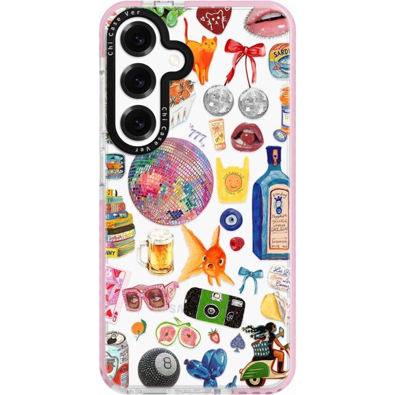 for Samsung Galaxy S24+ Case, Retro Party Collage Pattern with Disco & Gin, Military-Grade Drop Protection, Pop Art Disco Soft Slim TPU Protective & Camera Protection for Girls