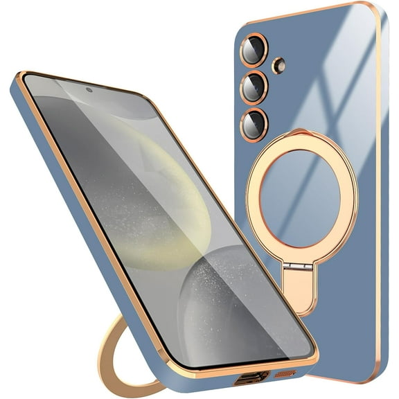 Samsung Galaxy S24 Case with Ring Kickstand [Compatible with Magsafe] [Lens Camera Protector] Soft TPU Electroplated Protective Samsung Galaxy S24 Magnetic Stand Phone Case Blue